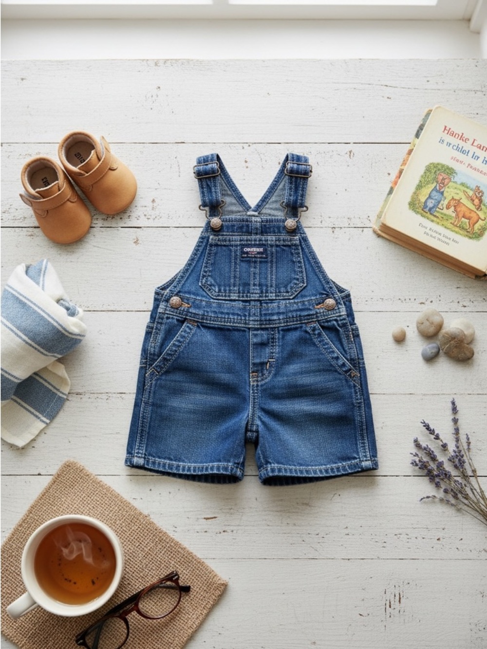 OshKosh B'Gosh Blue Dark Denim Shortalls Sz 18M Vestback Snap Crotch Overalls